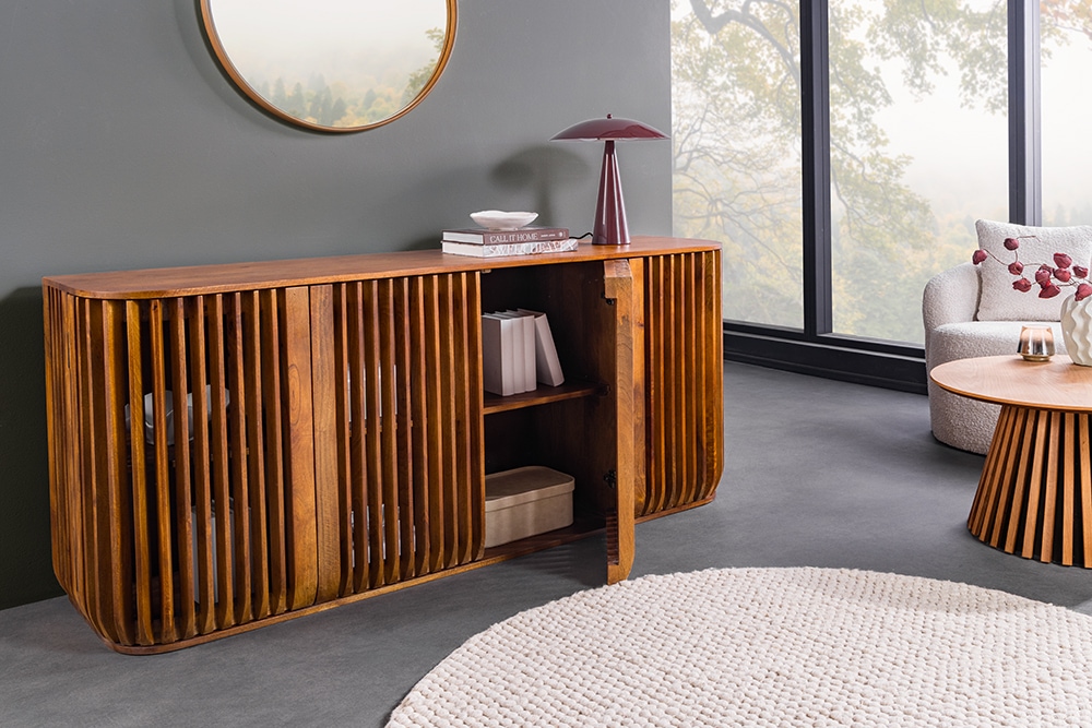 Massives Sideboard SCULPTURA 170cm braun Mangoholz mit abgerundeter Lamellenfront