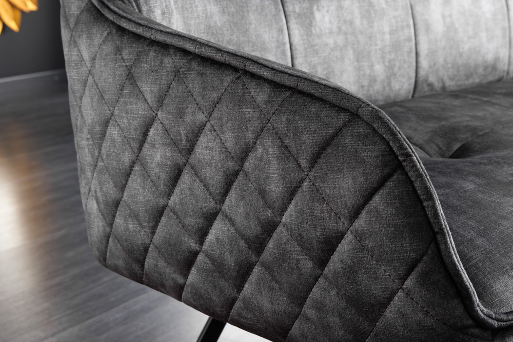 Design Sitzbank EUPHORIA 160cm dunkelgrau Samt Retrostil Ziersteppung Hairpin Legs Metallbeine Armlehnen