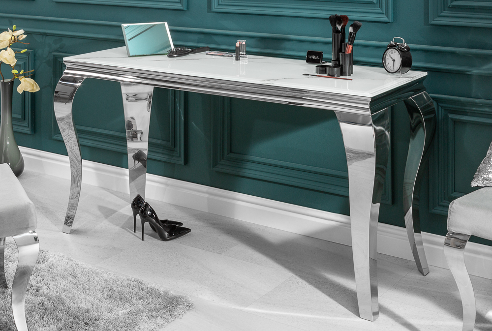 Eleganter Konsolentisch MODERN BAROCK 145cm mit Glasplatte Marmoroptik Edelstahlbeine