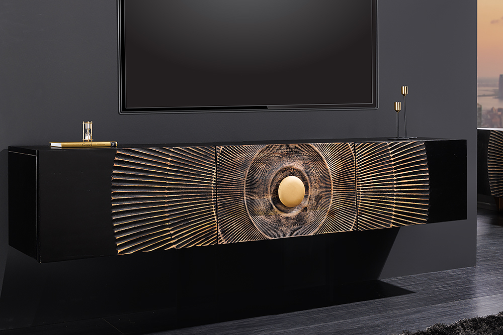 Hängendes TV-Lowboard GOLDEN SUNSET 160cm Mangoholz schwarz mit 3D Schnitzereien gold handmade