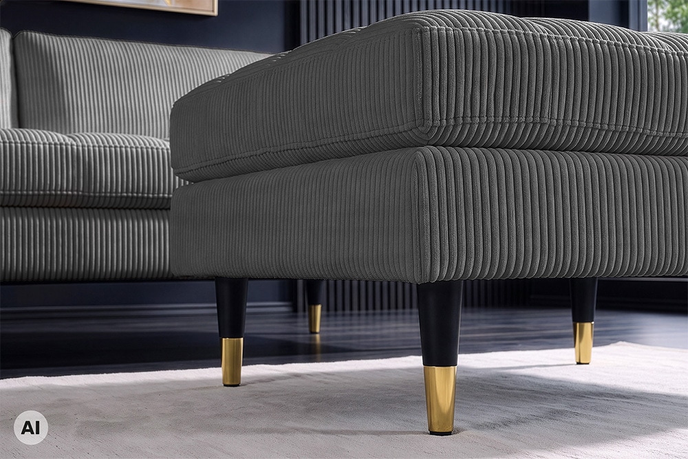 Design Hocker COZY VELVET 80cm grau Cord schwarz mit goldener Metallkappe