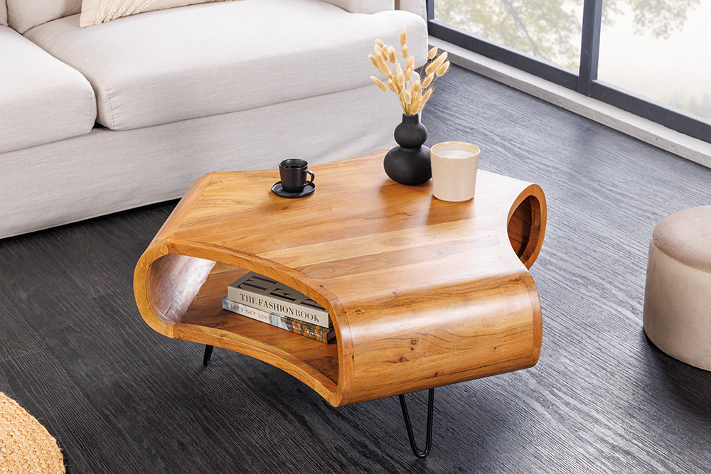 Massiver Couchtisch ORGANIC LIVING 90cm braun honey finish Akazienholz  mit Stauraum