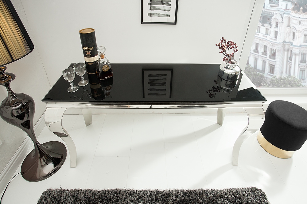 Eleganter Konsolentisch MODERN BAROCK 145cm schwarz Opalglas Edelstahlbeine
