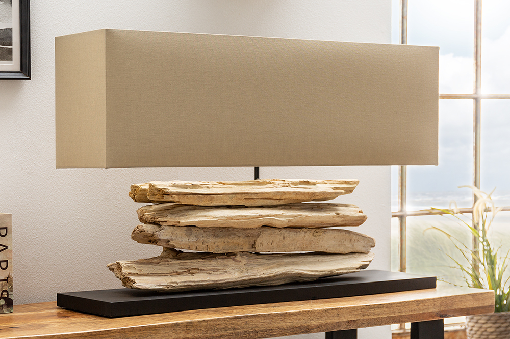 Handgearbeitete Tischlampe RIVERINE 80cm beige Treibholzfuß mit Leinenschirm