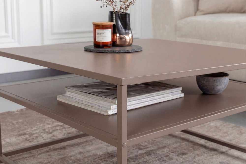 Moderner Couchtisch DURA STEEL 70cm greige Metall mit Ablagefach