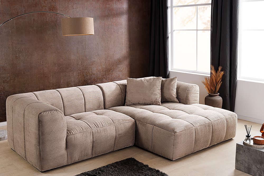 Modernes Ecksofa ZERO GRAVITY 240cm greige Cord 3-Sitzer Couch L-Form