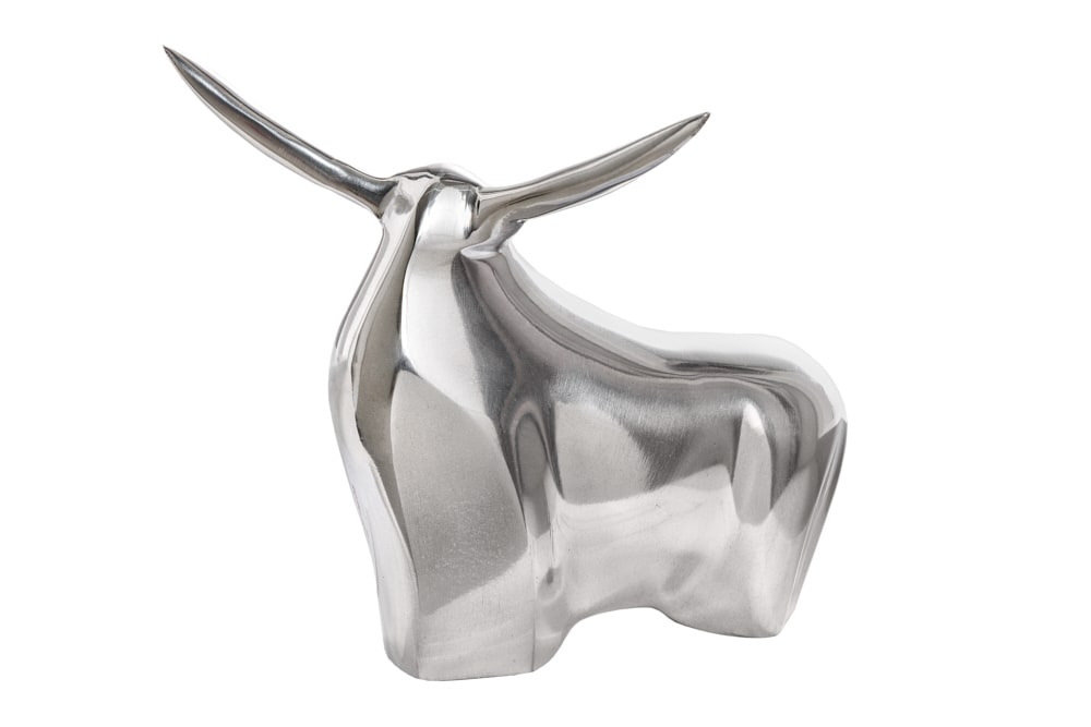 Moderne Skulptur BIG BULL silber Aluminium Dekoration Stierfigur Briefbeschwerer