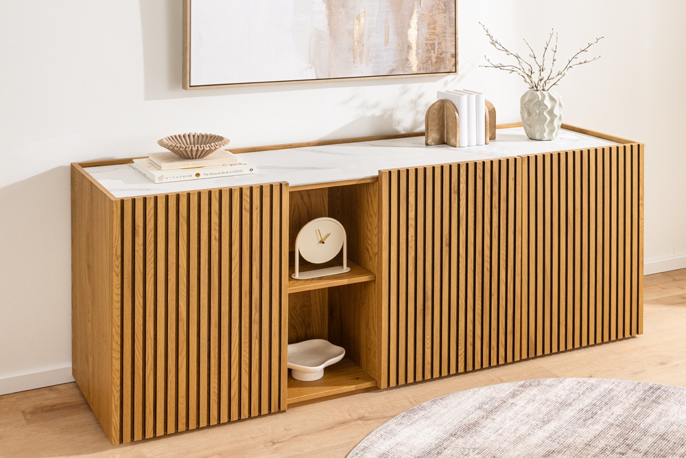 Design Sideboard VICENZA 180cm weiß Keramik natur Eiche Lamellenfront