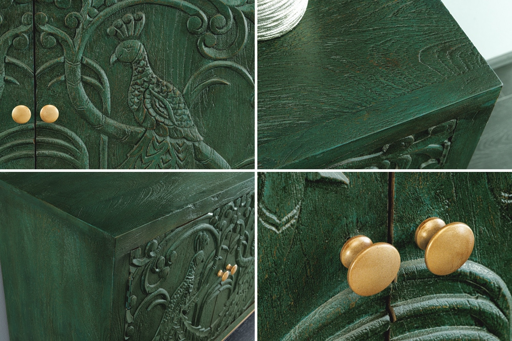 Massives Sideboard PEACOCK 175cm grün Mangoholz antik 3D Schnitzerei Pfau-Design