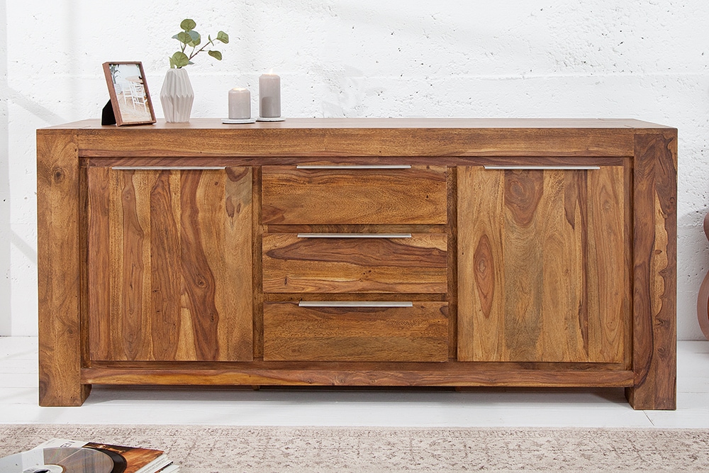 Massivholz Sideboard MAKASSAR 175cm braun Sheesham stone finish Kommode mit Schubladen