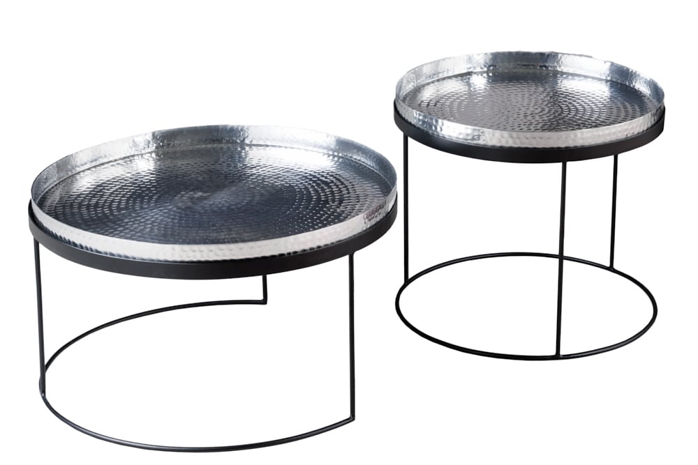 2er Set Runde Couchtische ELEMENTS 60cm silber schwarz Metall Tabletttisch Beistelltisch