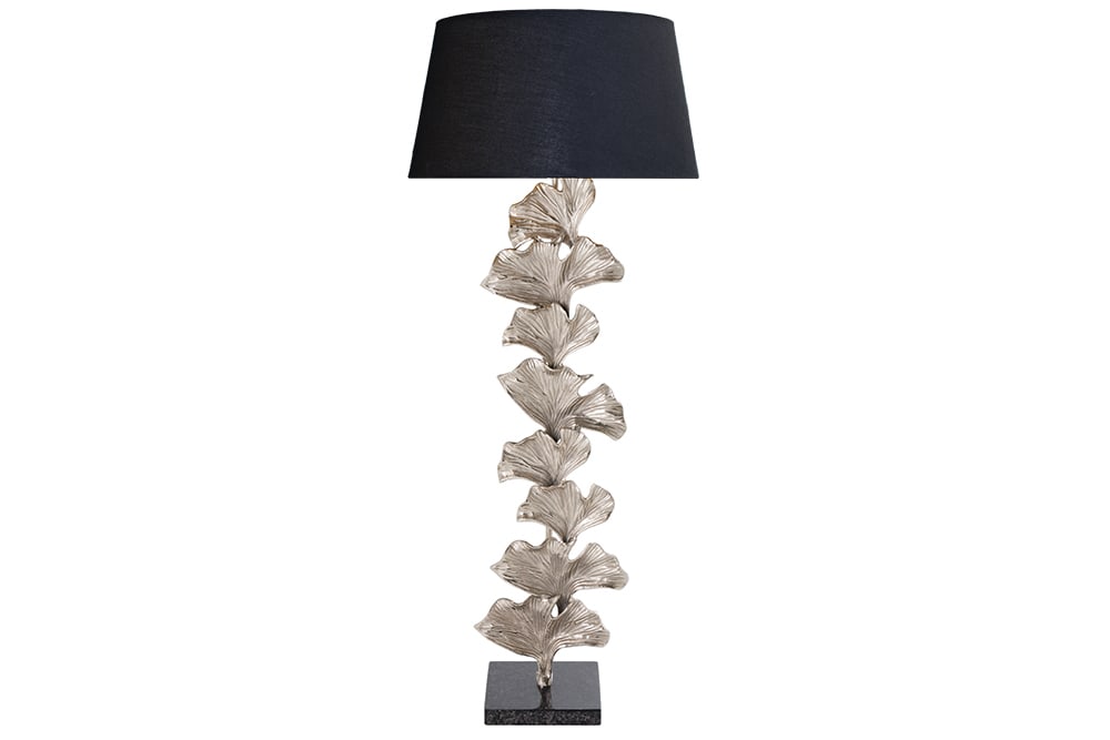 Design Stehlampe GINKGO 122cm schwarz Stoffschirm silber Metall handmade Marmor-Fuß