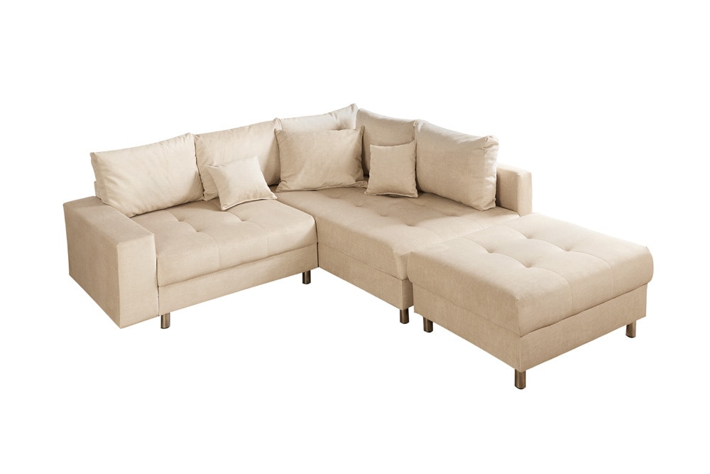 Moderne Wohnlandschaft KENT 220cm champagner beige Vogue Velours Samt Federkern mit Hocker
