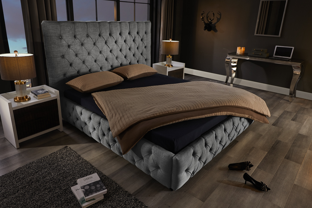 Design Boxbett PARIS 180x200cm grau Leinen Chesterfield Doppelbett