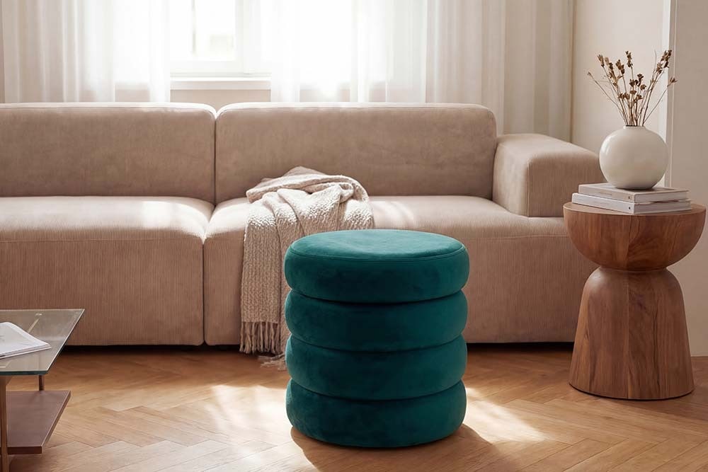 Runder Polsterhocker VOGUE 40cm grün Samt mit Stauraum