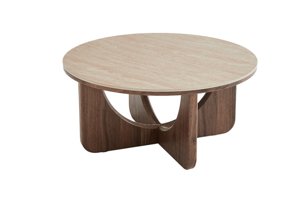 Runder Couchtisch ENSO 80cm champagner greige Travertin Keramik Walnussholz