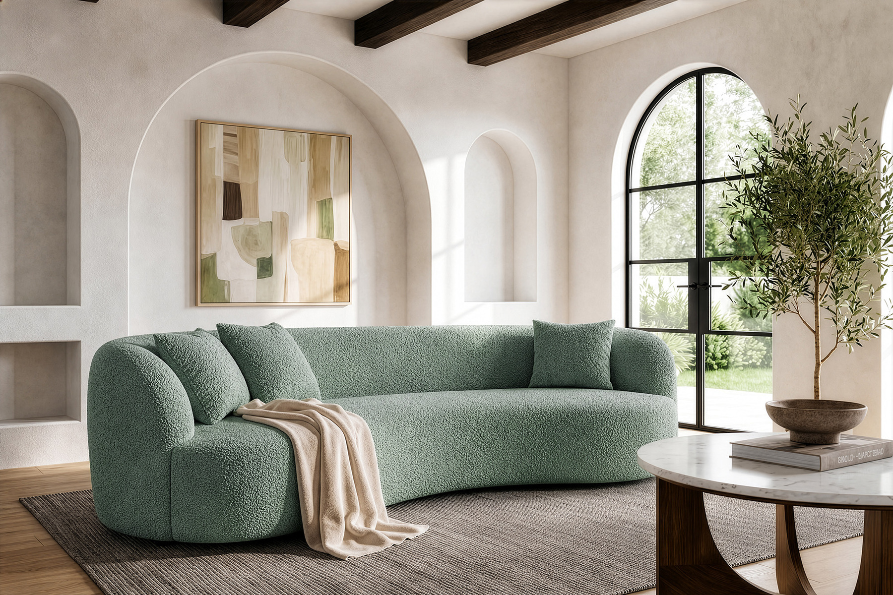 Organisches Sofa ATELIER 230cm salbei Bouclé 3-Sitzer Couch inkl. Kissen