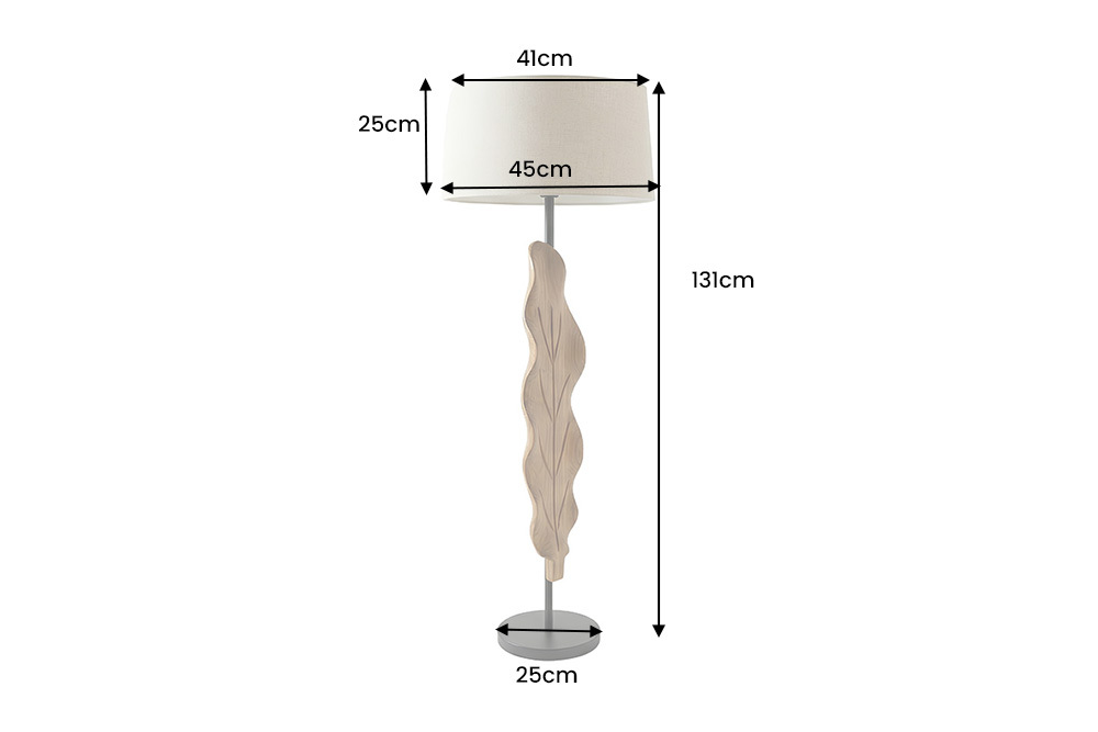 Massive Stehlampe LEAF 130cm weiß natur Teakholz Blatt-Design mit Stoffschirm