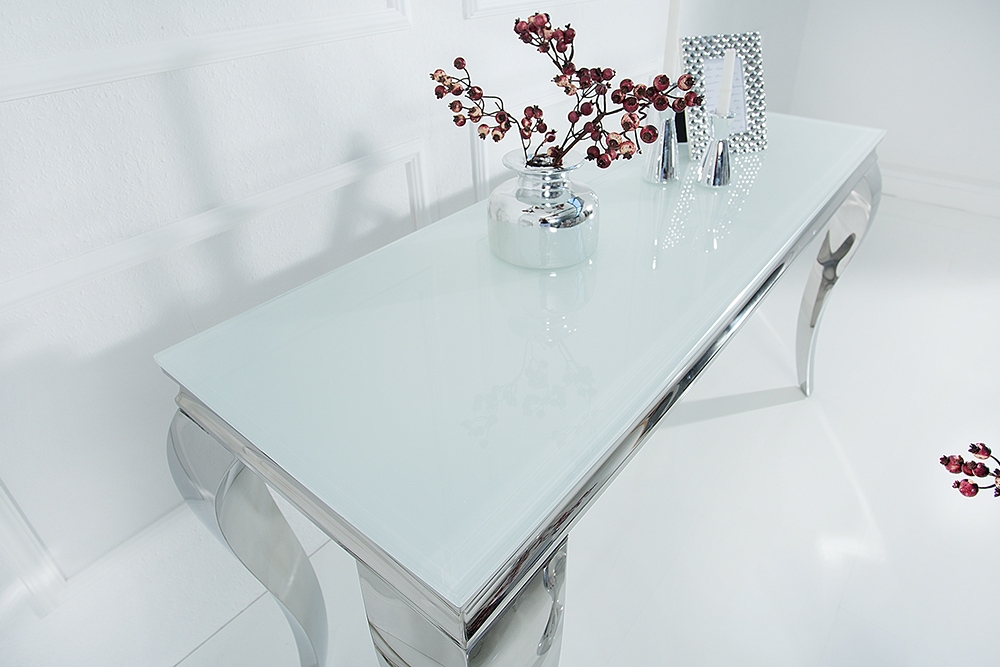 Eleganter Konsolentisch MODERN BAROCK 145cm weiß Edelstahlbeine Opalglas