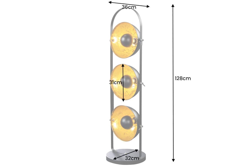 Industrial Stehlampe STUDIO 130cm schwarz Blattgold-Optik 3 neigbare Schirme