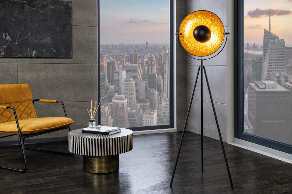 Industrial Stehlampe STUDIO 150cm schwarz Blattgold-Optik neigbarer Schirm Industrial Stehlampe STUDIO 150cm schwarz Blattgold-Optik neigbarer Schirm