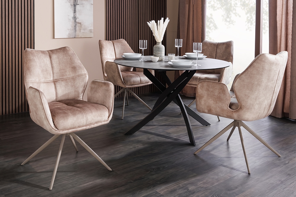 Drehbarer Design Stuhl CONCORD champagner greige Samt Taschenfederkern Metallgestell greige