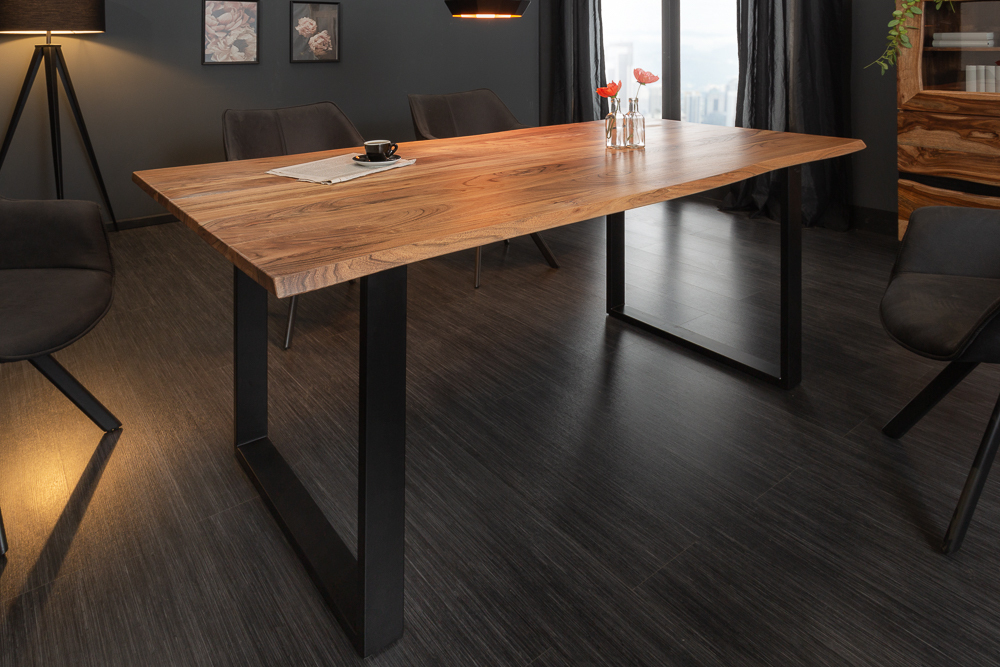 Massivholz Esstisch MAMMUT 180cm Wild-Akazie Baumkante Industrial Design 2,6cm Tischplatte