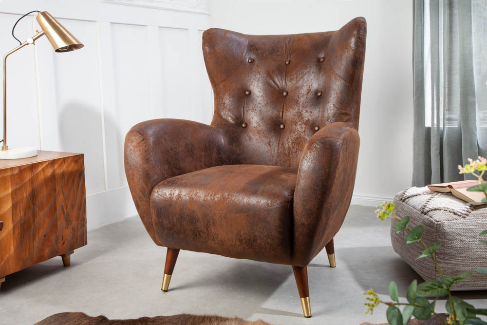 Retro Design Sessel DON antik braun goldene Fußkappen mit Federkern