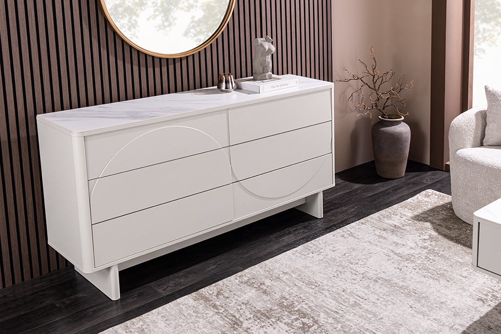 Design Sideboard SAVOY 150cm kaschmir weiß Marmor Keramik mit sechs Schubladen