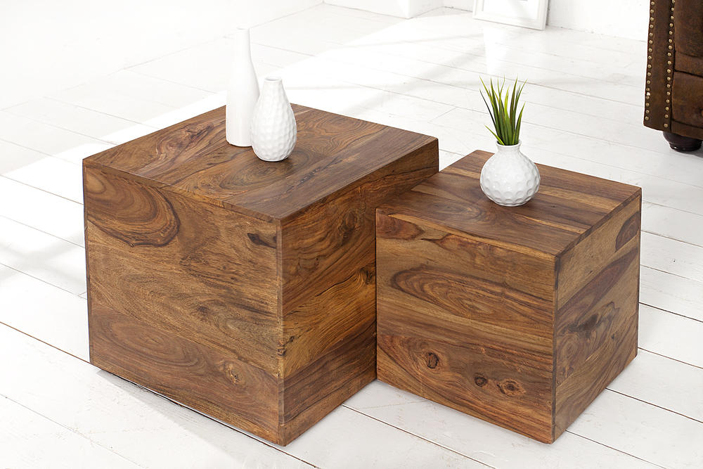 2er Set Beistelltische Würfel MAKASSAR 40cm braun Sheesham Massivholz stone finish