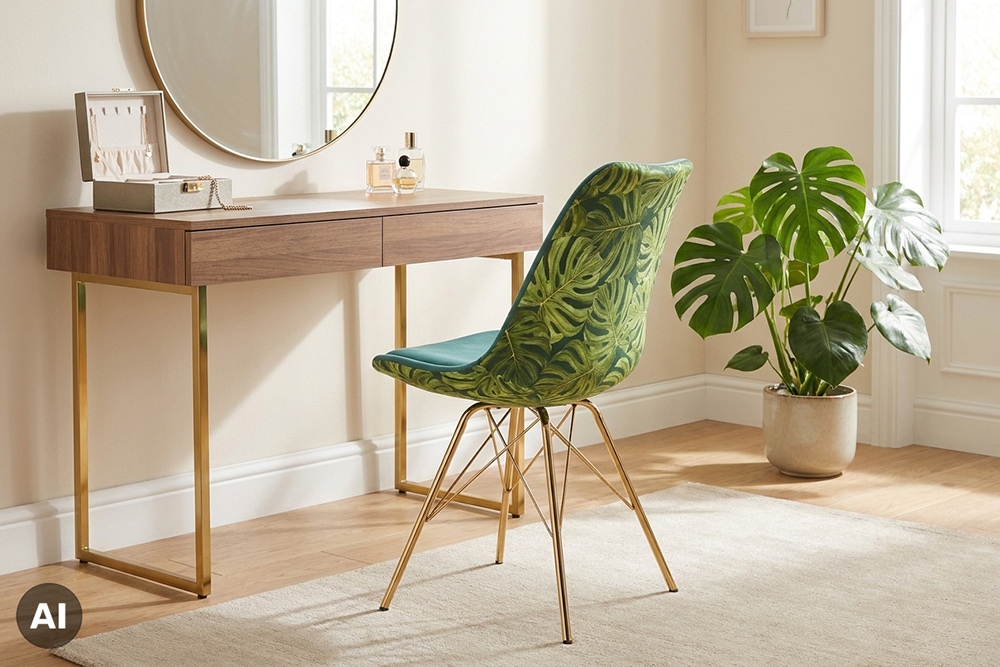 Design Stuhl SCANDINAVIA MEISTERSTÜCK grün Chenille gold Metall Monstera-Blatt