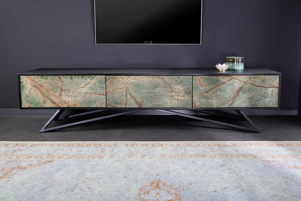 Massivholz TV Lowboard MOUNTAIN SOUL 200cm echter Naturstein Akazie schwarz hängend / stehend
