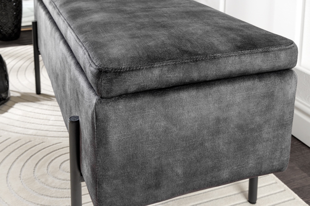 Moderne Truhenbank LOFT 100cm grau Samt Sitzbank mit Stauraum gespolstert schwarz Metall