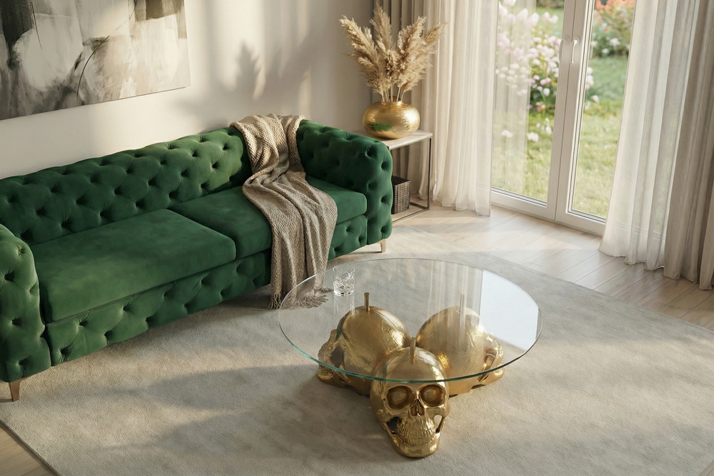 Design Couchtisch SKULL XXL 90cm gold rund Glasplatte Metall Totenkopf handmade