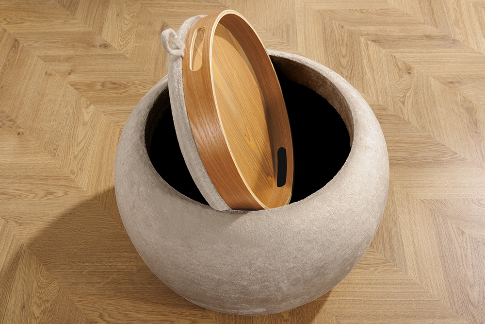 Runder Couchtisch ORBIT 50cm champagner-greige Bouclé Hocker mit Tablett und Stauraum