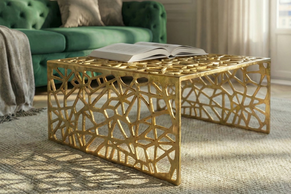 Handgearbeiteter Couchtisch ABSTRACT 60cm Alu gold im Gap Design