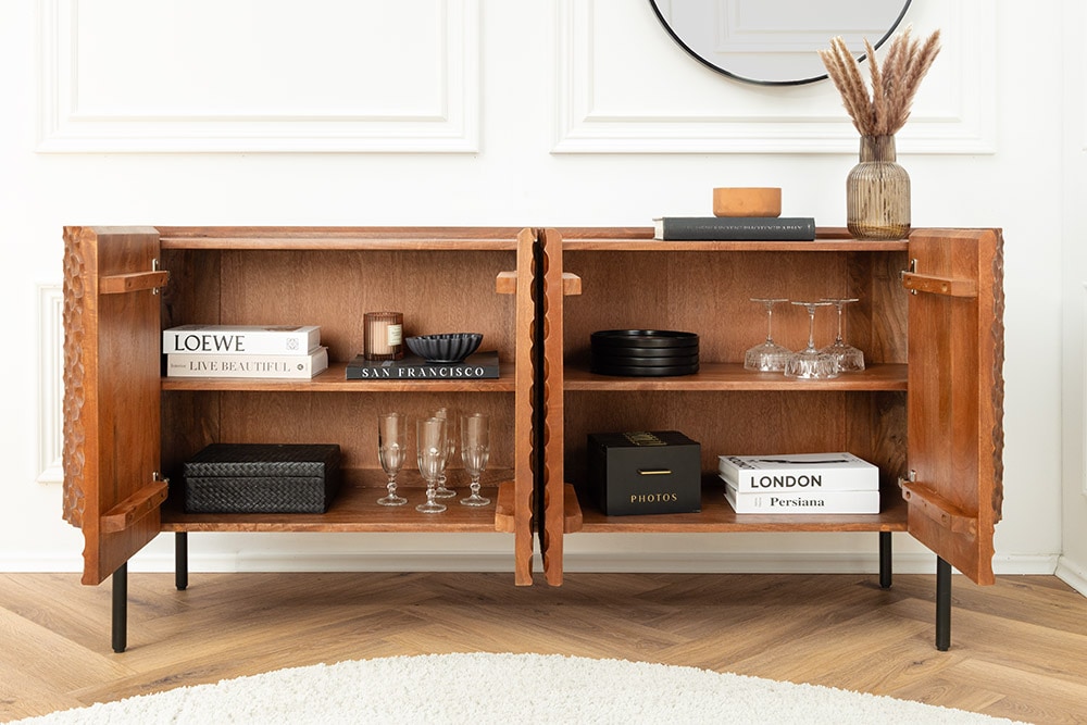 Massives Sideboard ADLON 180cm braun Mangoholz schwarz Metall 3D-Front in Wabenstruktur