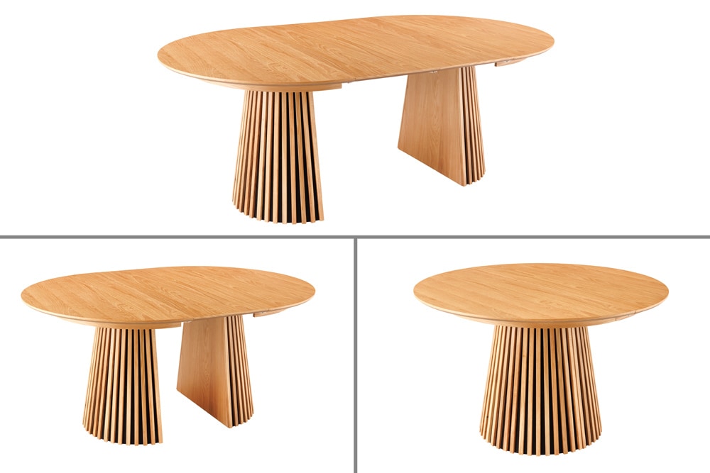 Ausziehbarer Esstisch VALHALLA WOOD 120-160-200cm natur Eichenholz oval Säulenfuß