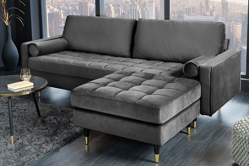 Design Hocker COZY VELVET 80cm grau Samt goldene Füße