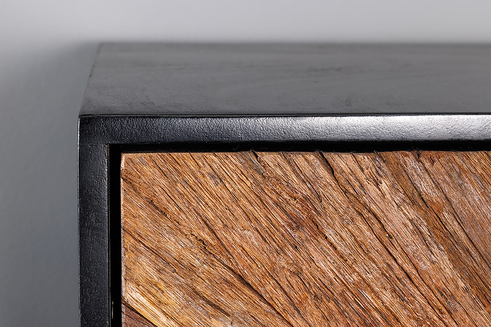 Massives Highboard BARRACUDA 120cm braun Mangoholz mit Teakholz-Front schwarz Metall