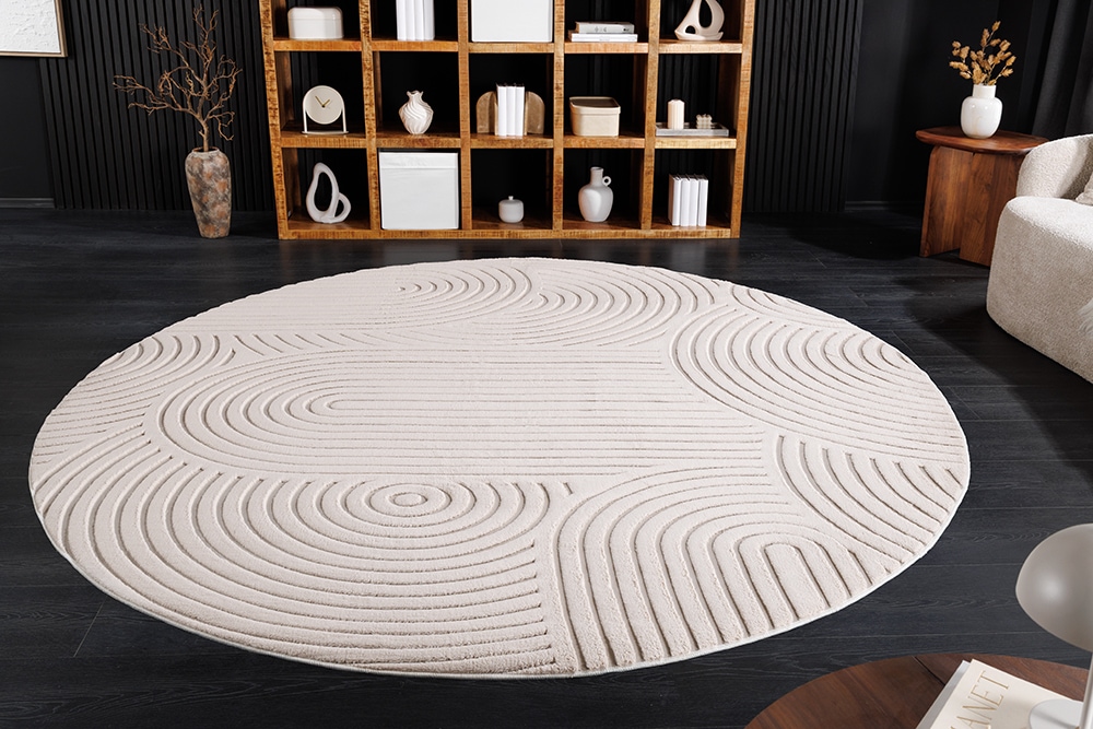 Runder 3D strukturierter Kurzflor Teppich ART DECO 230cm beige creme Hoch-Tief-Effekt