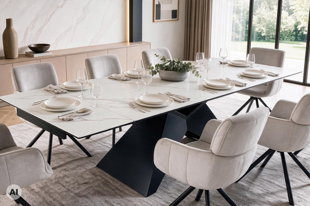 Design Esstisch DIAMOND 180-260cm matt weiß Keramik Metallgestell schwarz