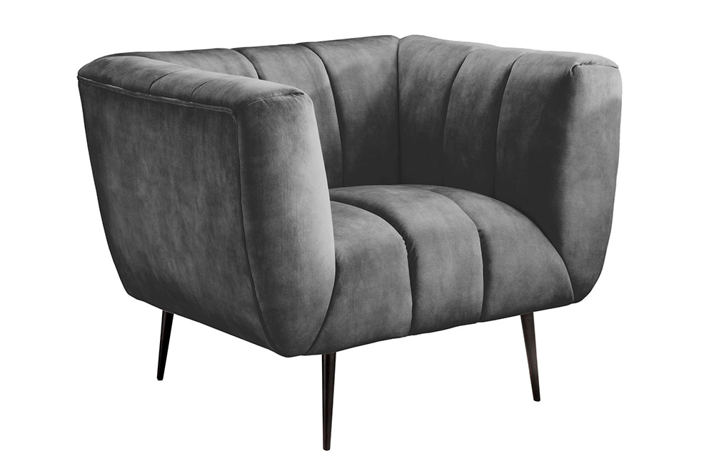 Retro Sessel NOBLESSE 105cm grau Samt schwarze Metallfüße Federkern Ziersteppung