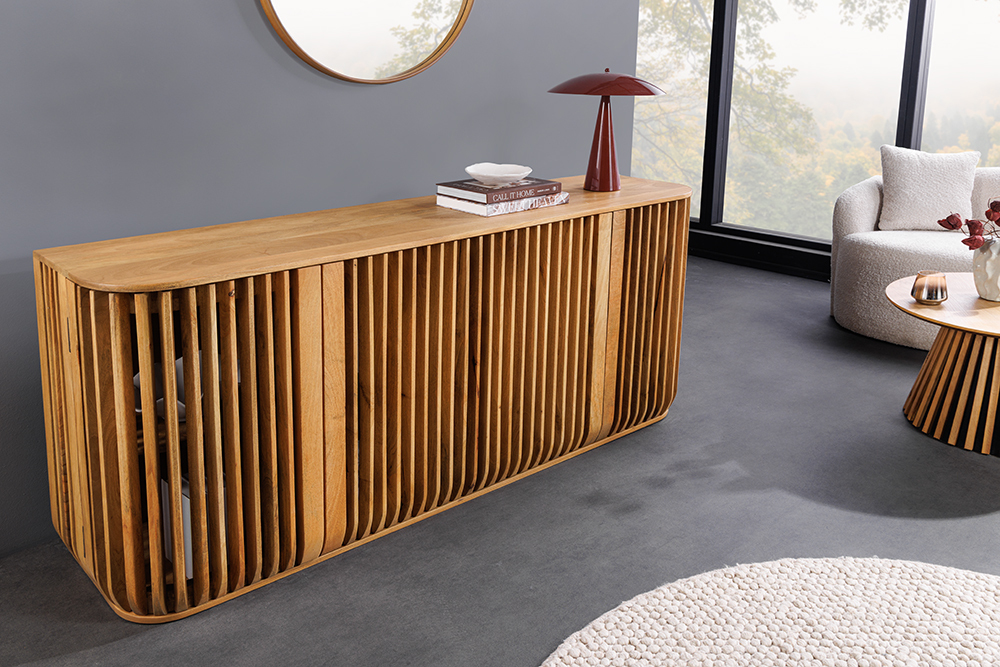 Massives Sideboard SCULPTURA 170cm natur Mangoholz mit abgerundeter Lamellenfront