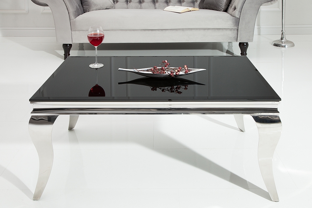 Eleganter Couchtisch MODERN BAROCK 100cm silber mit schwarzem Opalglas