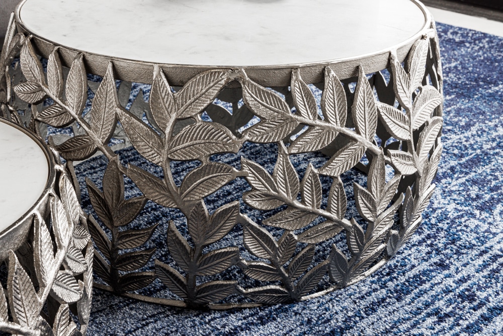 Rundes 2er Set Couchtische ABSTRACT LEAF 70cm weiß silber Marmor Metall Blatt-Design
