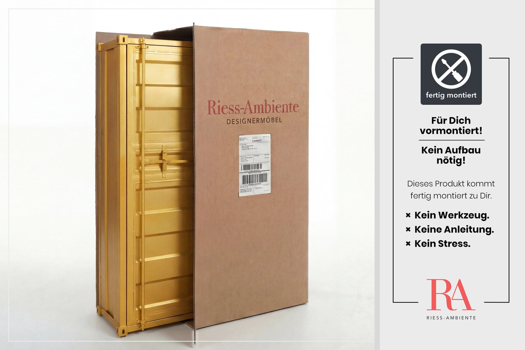Design Aktenschrank GLOBETROTTER 180cm gold Eisen Container Upcycling Highboard