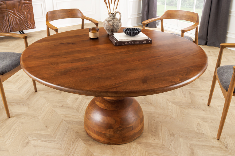 Massiver Esstisch MAESTRO 130cm braun Mangoholz rund mit Säulenfuß