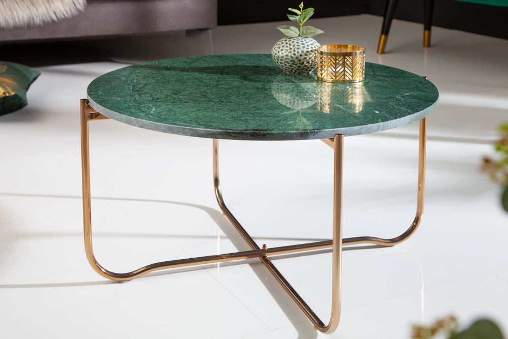 Runder Couchtisch NOBLE 65cm grün Marmor abnehmbare Tischplatte klappbar gold Metall