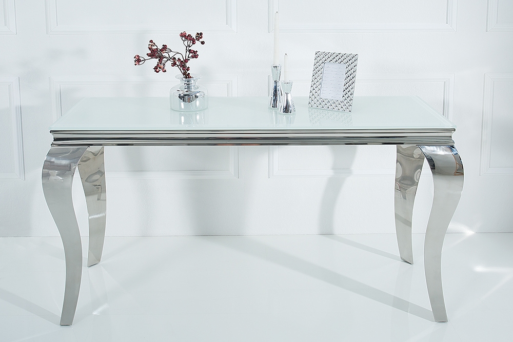 Eleganter Konsolentisch MODERN BAROCK 145cm weiß Edelstahlbeine Opalglas